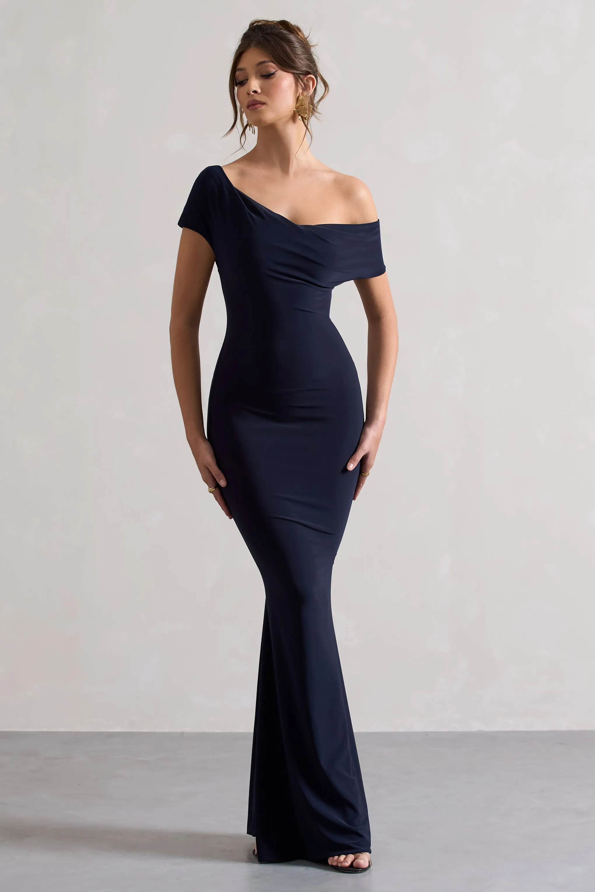 Avila | Navy Asymmetric Bardot Maxi Dress