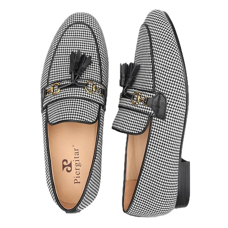 Black And White Wool Houndstooth Slippers With Leather Tassels Moccasins