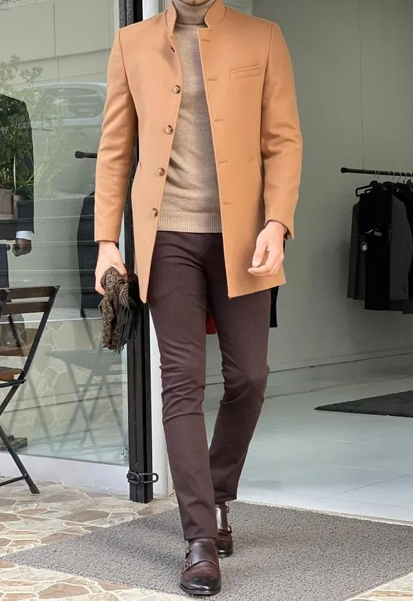 Bojo Camel Slim Fit Judge Collar Wool Long Coat