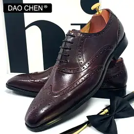 BURGUNDY BROGUES WING TIP WEDDING OFFICE FORMAL LEATHER SHOES