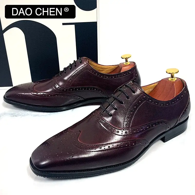 BURGUNDY BROGUES WING TIP WEDDING OFFICE FORMAL LEATHER SHOES