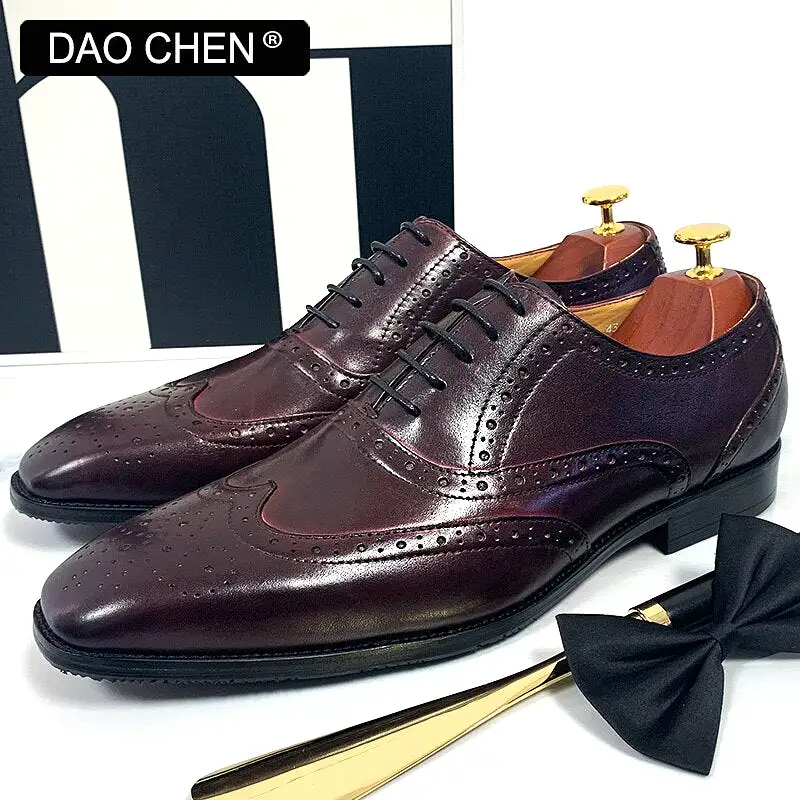 BURGUNDY BROGUES WING TIP WEDDING OFFICE FORMAL LEATHER SHOES