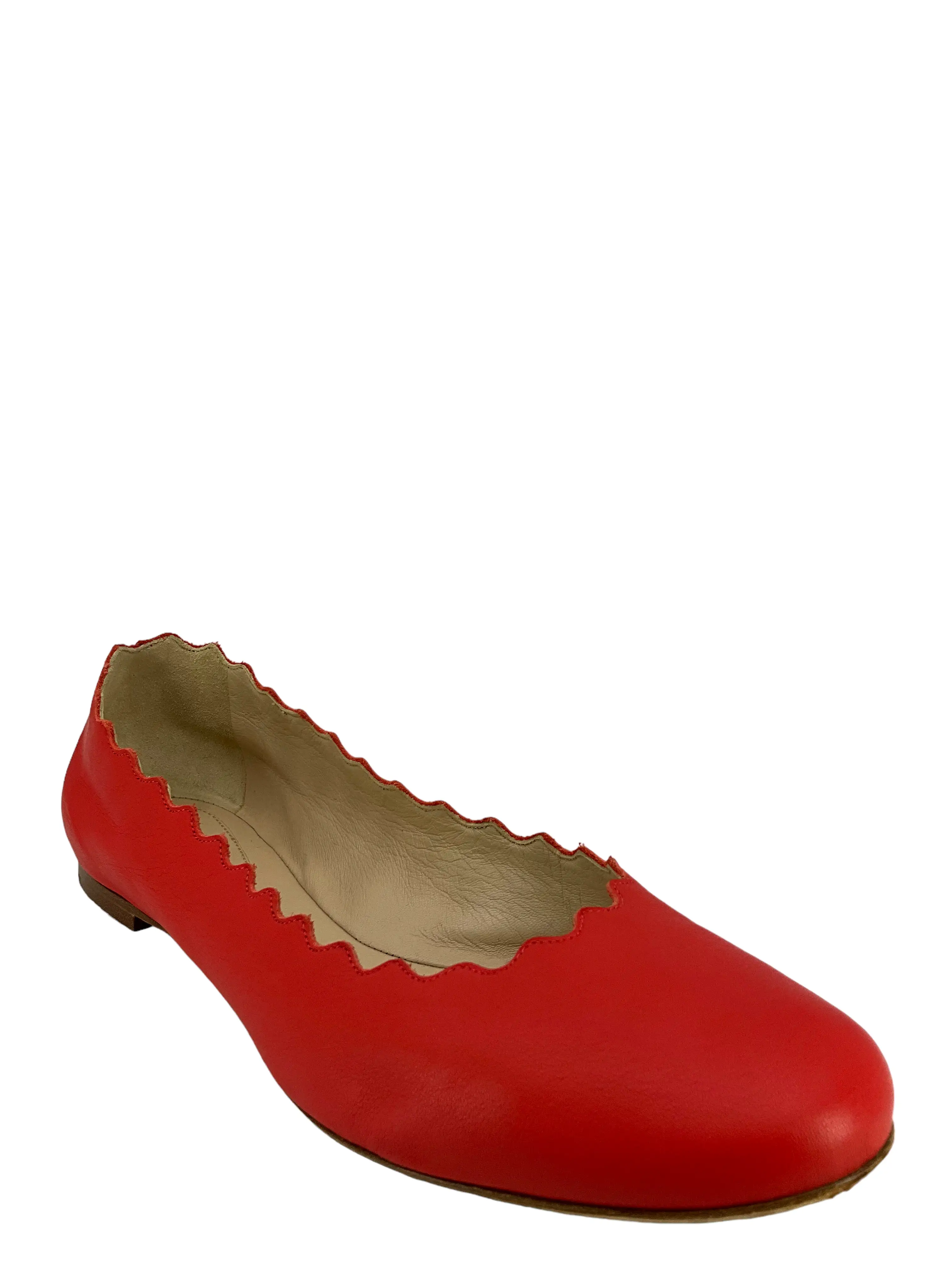 Chloe Lauren Scalloped Red Leather Flats Size 7.5