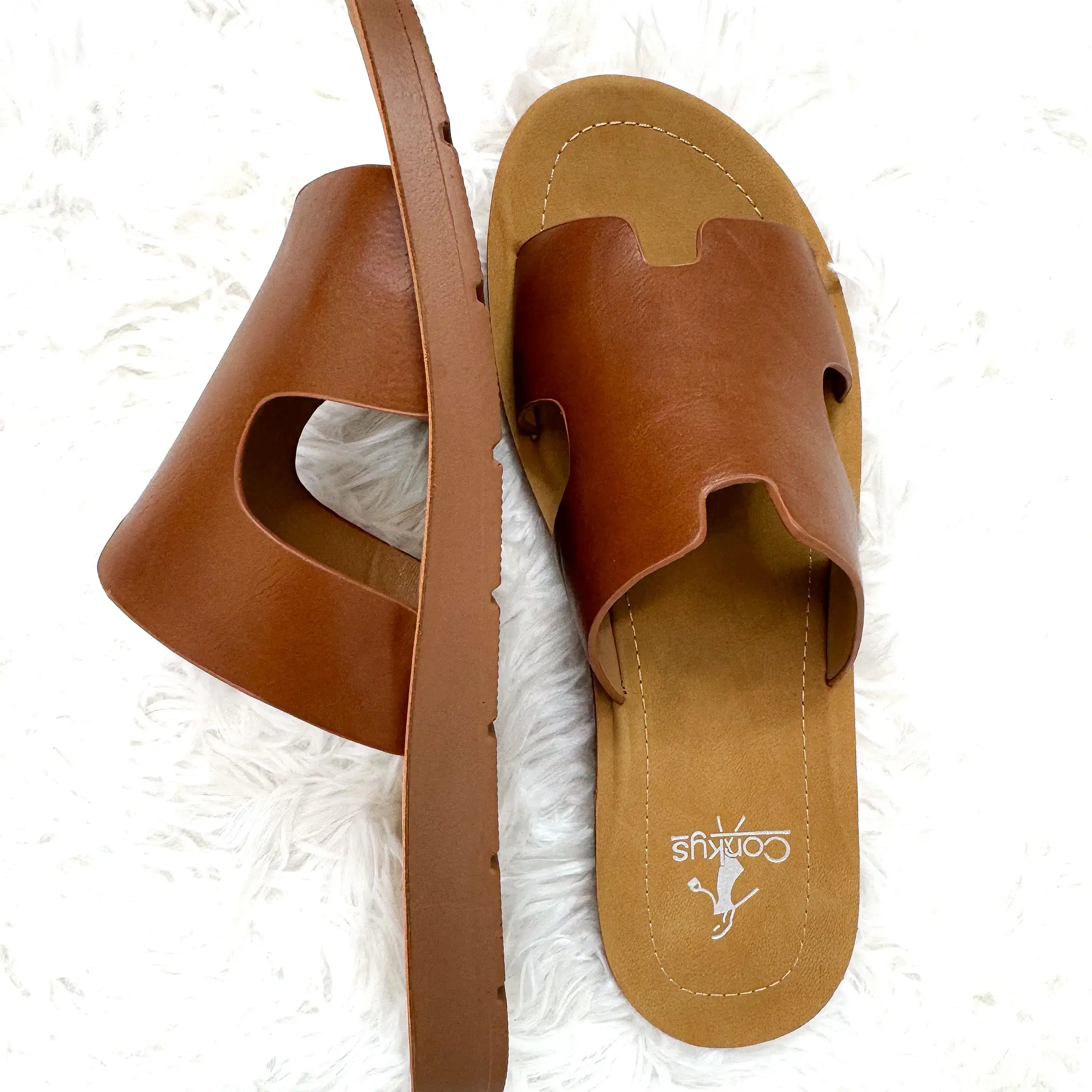 Corkys Bogalusa Smooth Cognac Faux Leather Sandals