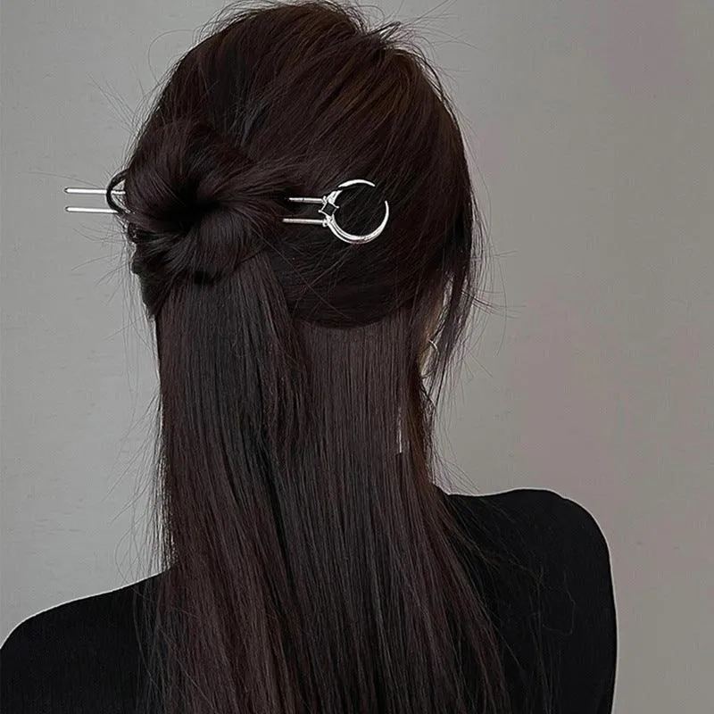 Crescent Moon Black Stones Hairpin U-Shaped Elegant Hair Stick for DIY Hairstyles