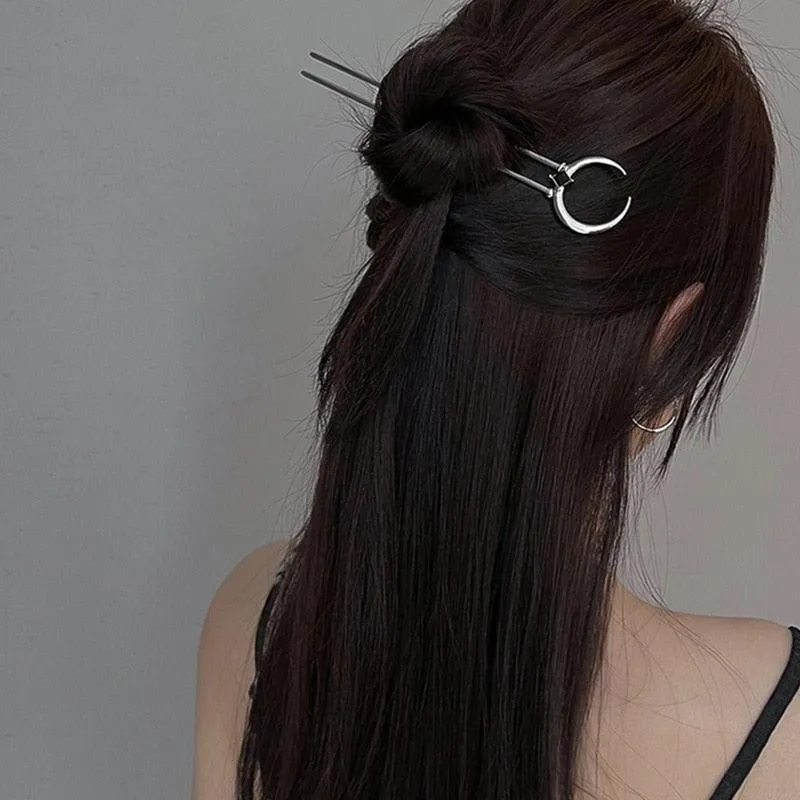 Crescent Moon Black Stones Hairpin U-Shaped Elegant Hair Stick for DIY Hairstyles