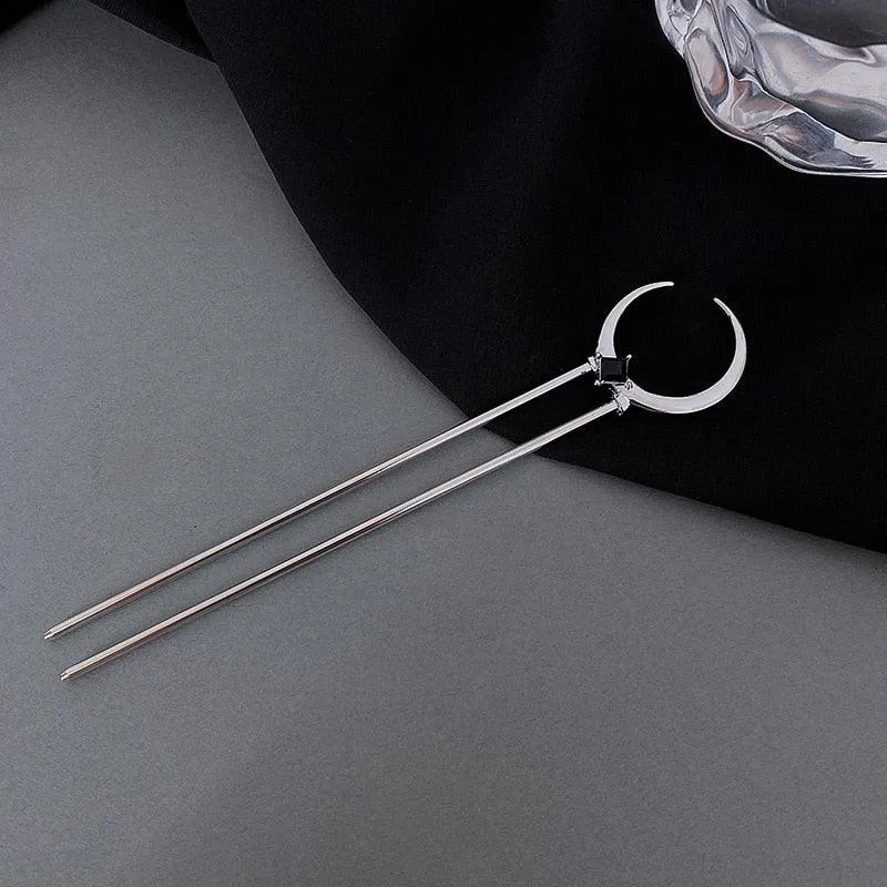 Crescent Moon Black Stones Hairpin U-Shaped Elegant Hair Stick for DIY Hairstyles