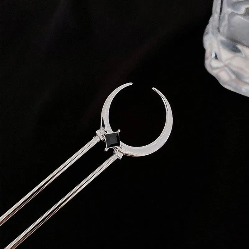 Crescent Moon Black Stones Hairpin U-Shaped Elegant Hair Stick for DIY Hairstyles