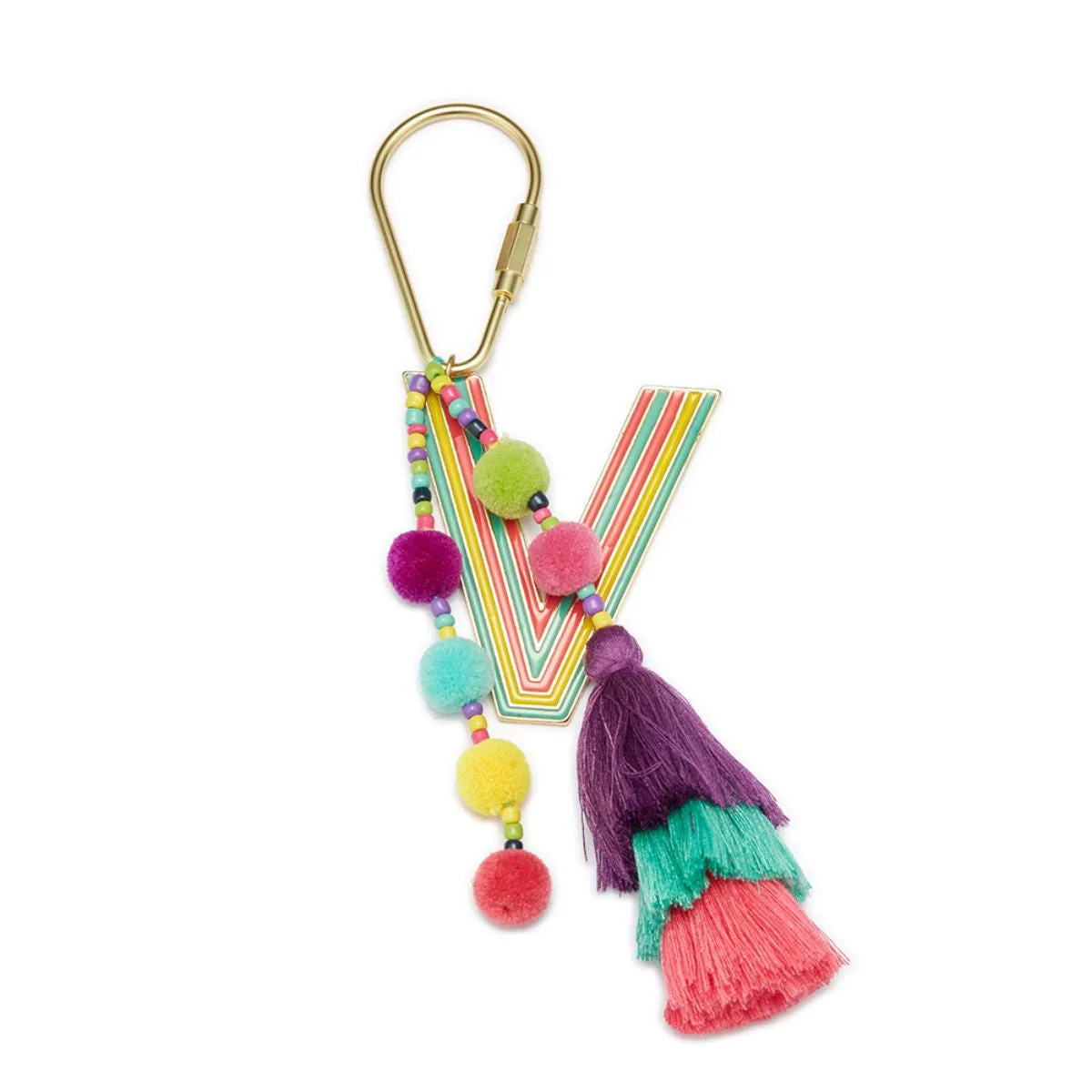 Enamel V With Multi Beaded Strands, Pom, Stacked Tassel Keychain