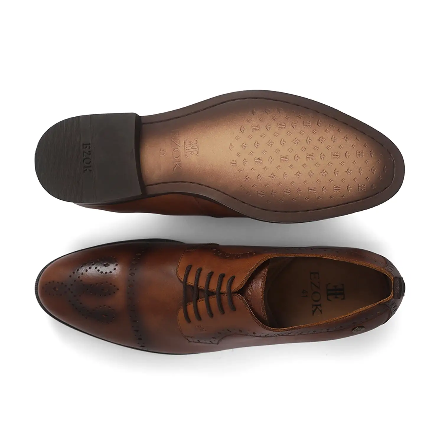 Ezok Men Tan Burnish Finish Perforated Leather Derby Shoes