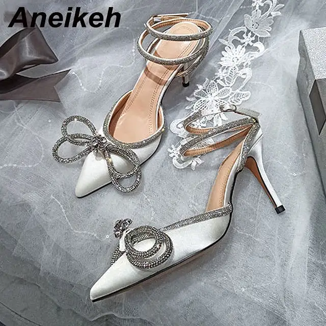 Fashion Butterfly-Knot Narrow Band Bling Patchwork Cross-Tied Crystal Pointed Toe Pumps