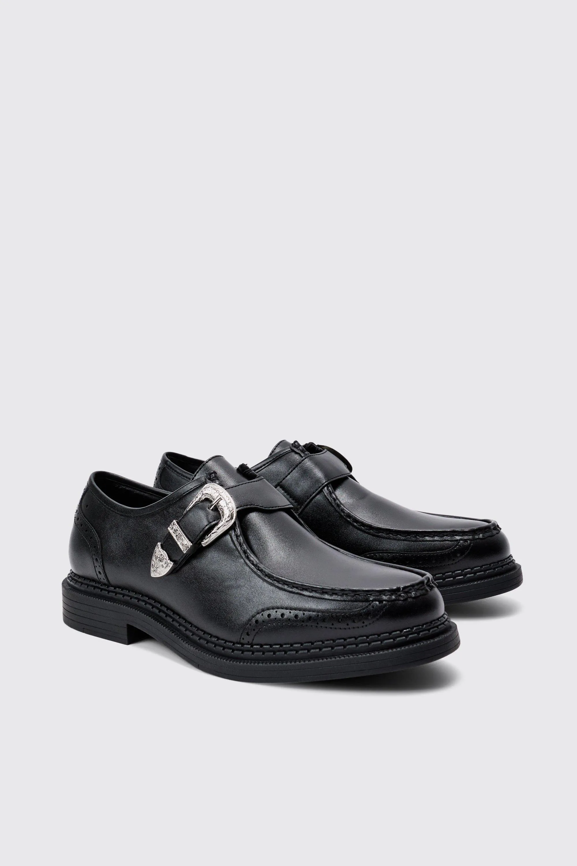 Faux Leather Derby Shoes With Western Buckle In Black