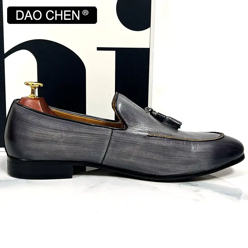 GRAY SLIP ON TASSELS LOAFERS GENUINE LEATHER FORMAL SHOES