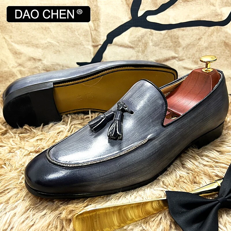 GRAY SLIP ON TASSELS LOAFERS GENUINE LEATHER FORMAL SHOES