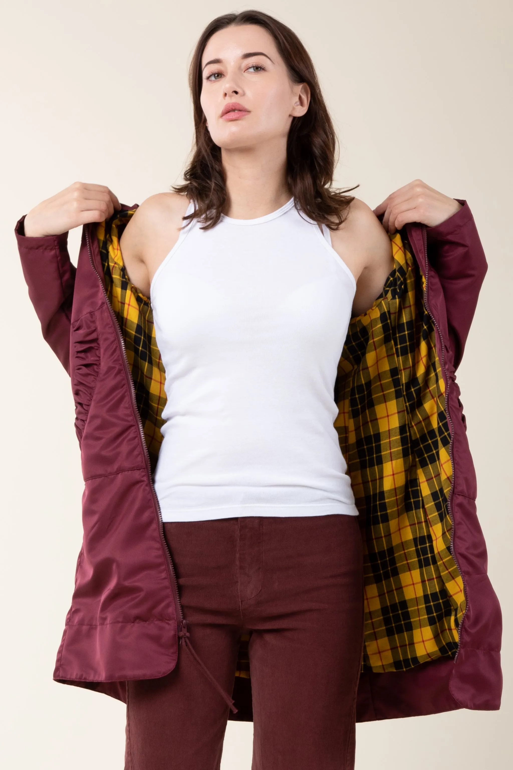 Long Raincloak in Maroon with Yellow Plaid