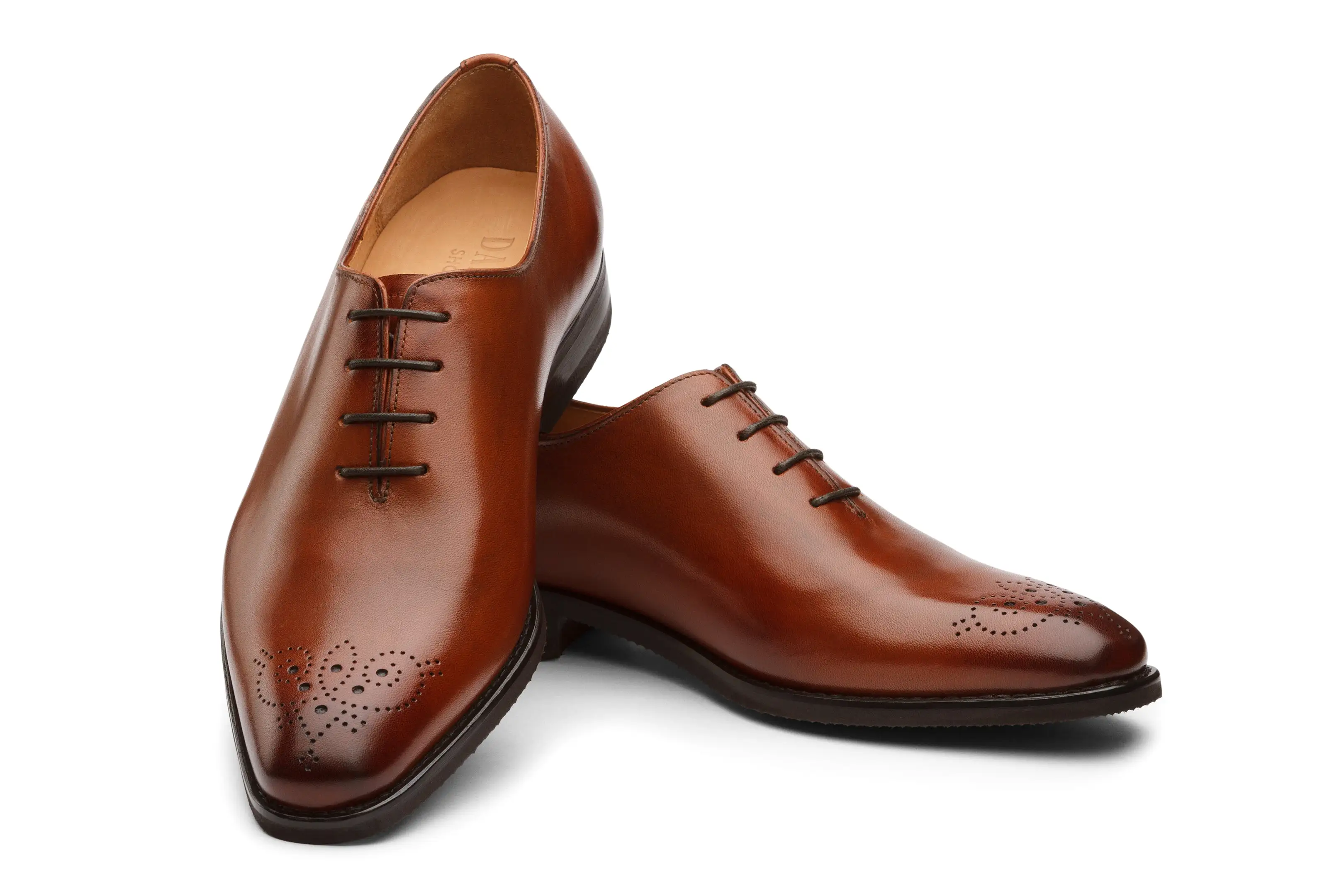 Medallion Wholecut Oxford Leather Shoes - Cognac