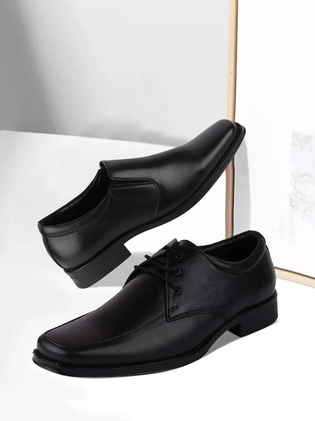 Men Black Formal Leather Lace-Up Derby Shoes