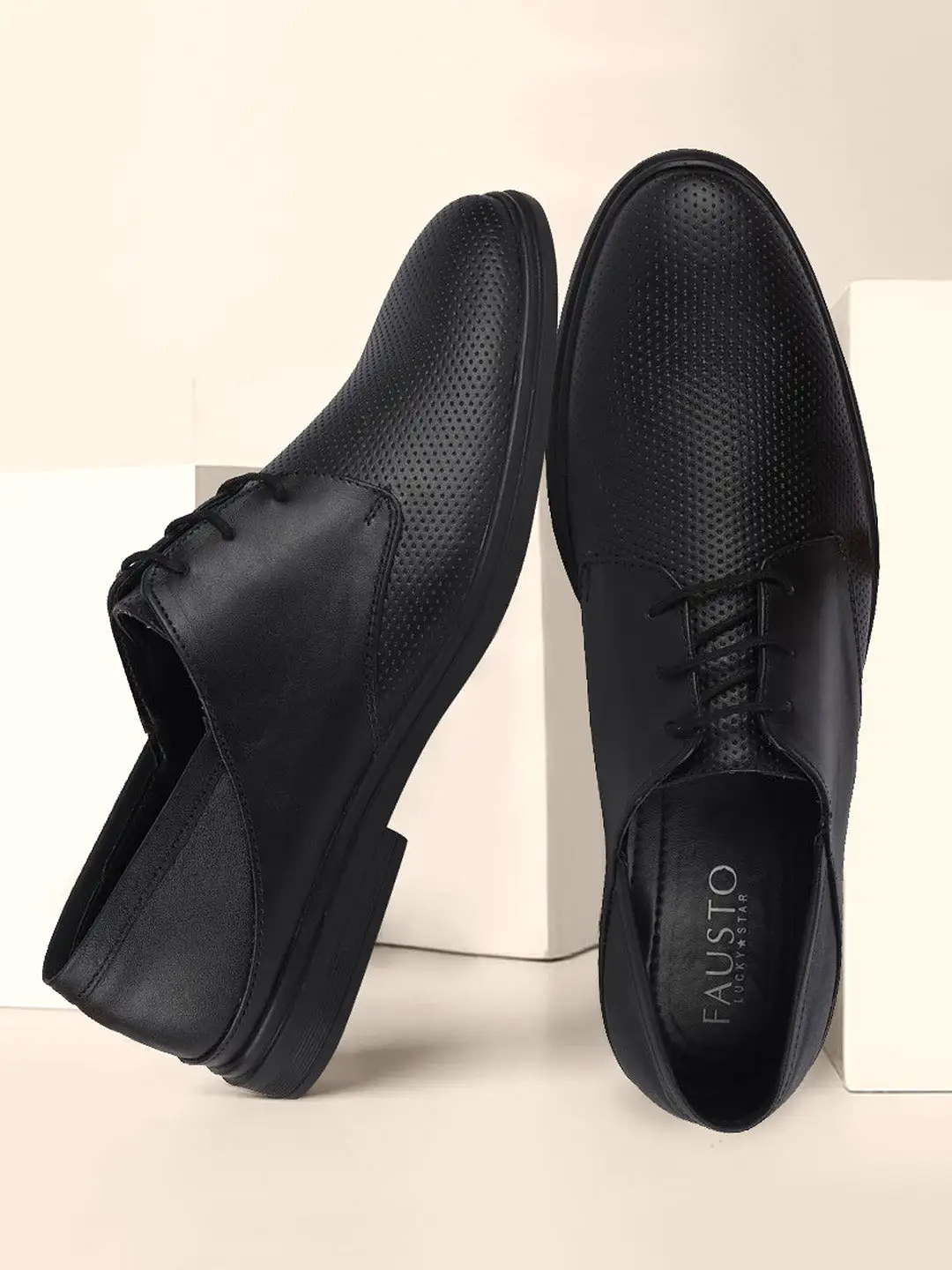 Men Black Formal Leather Lace-Up Derby Shoes