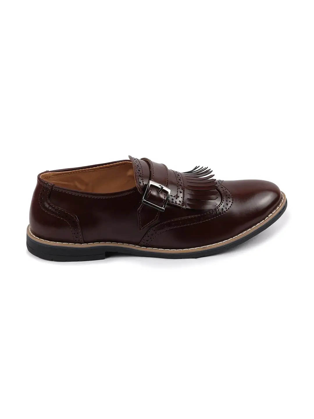 Men Brown Monk Single Strap Fringe Formal Shoes with TPR Welted Sole