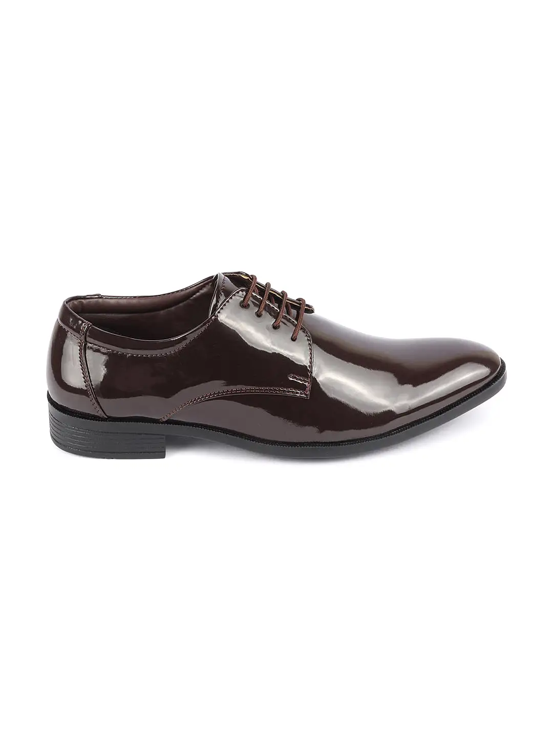 Men Brown Patent Leather Shine Party Wedding Pointed Toe Lace Up Derby Shoes