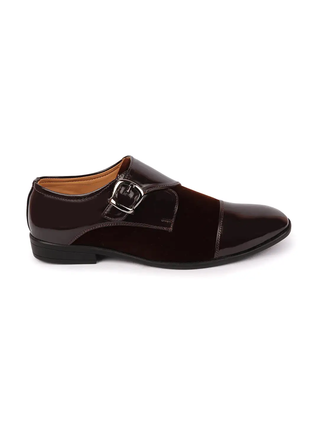 Men Brown Patent Leather Velvet Single Strap Monk Formal Slip On Shoes