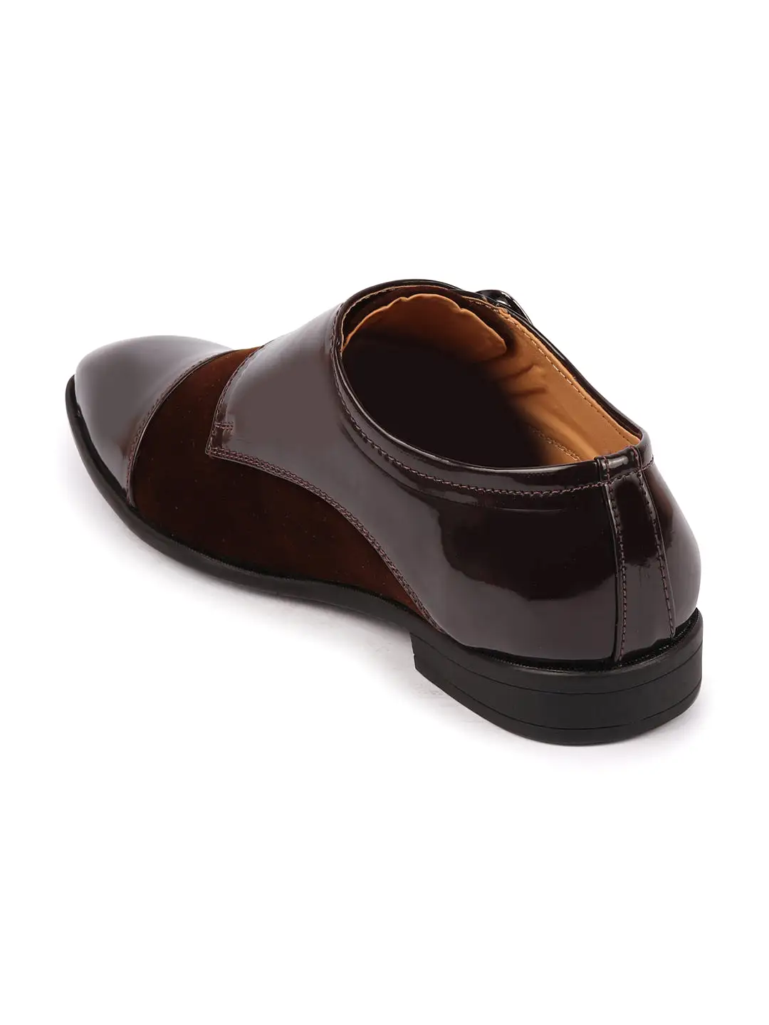 Men Brown Patent Leather Velvet Single Strap Monk Formal Slip On Shoes