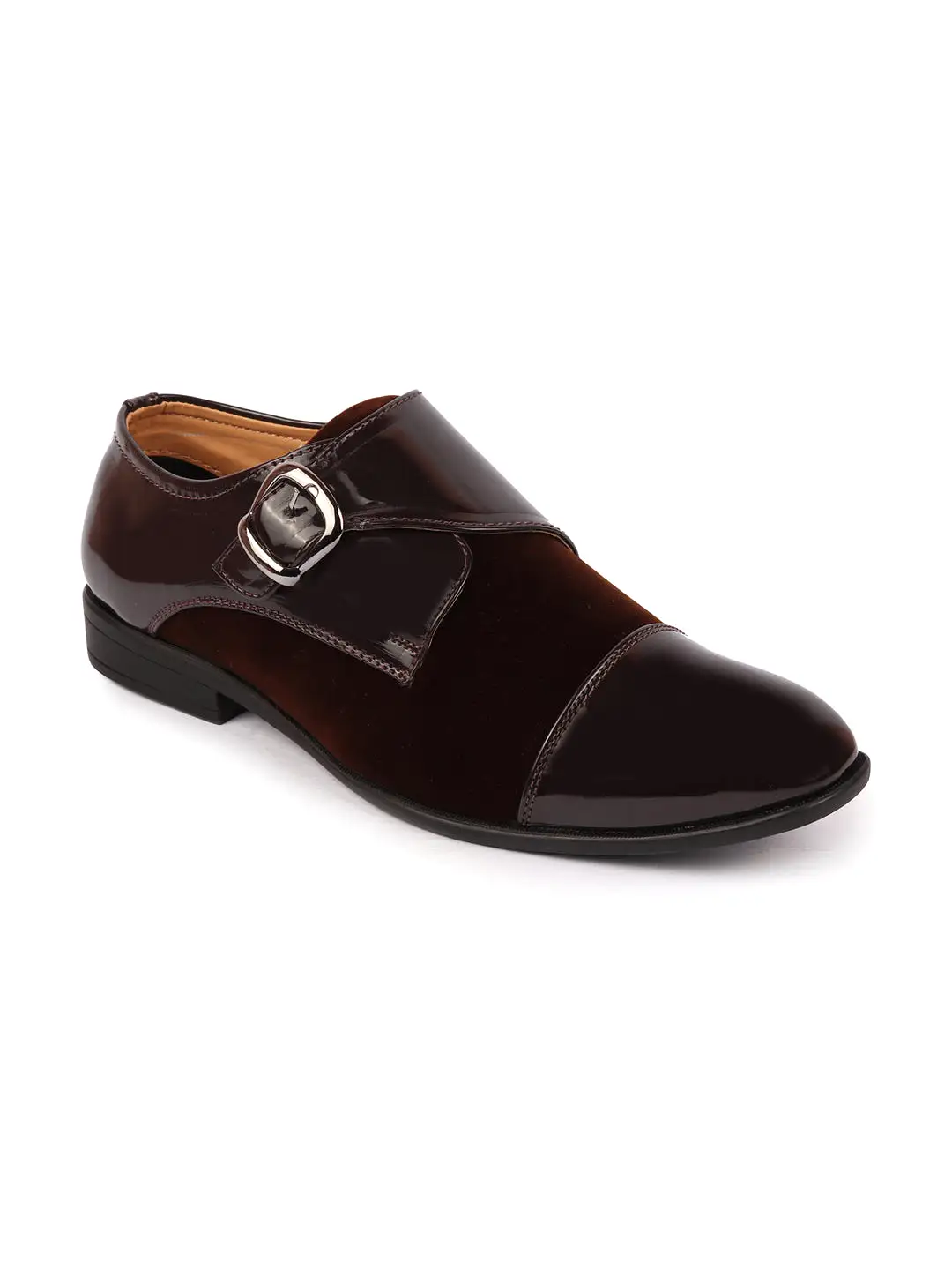 Men Brown Patent Leather Velvet Single Strap Monk Formal Slip On Shoes