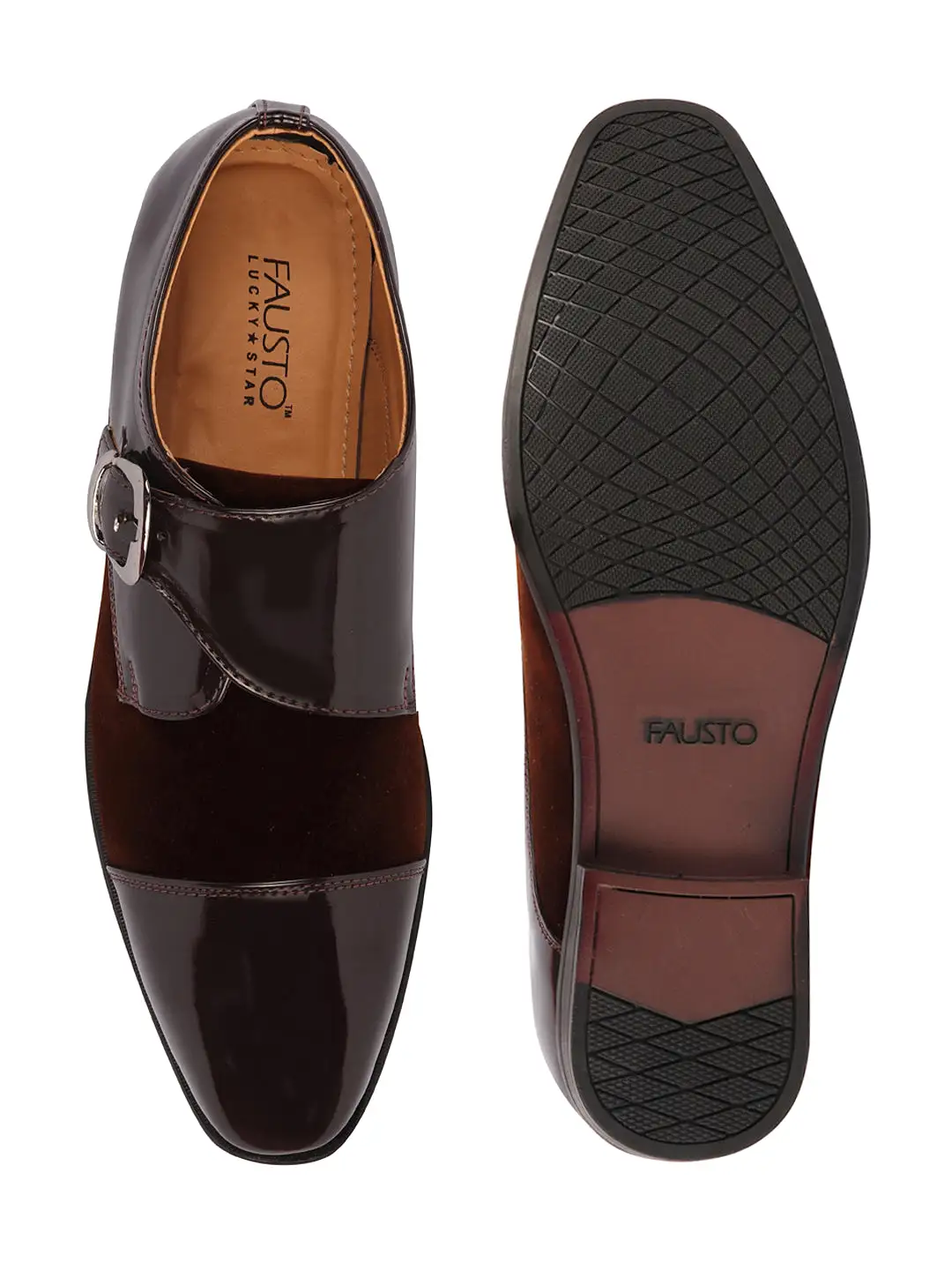 Men Brown Patent Leather Velvet Single Strap Monk Formal Slip On Shoes