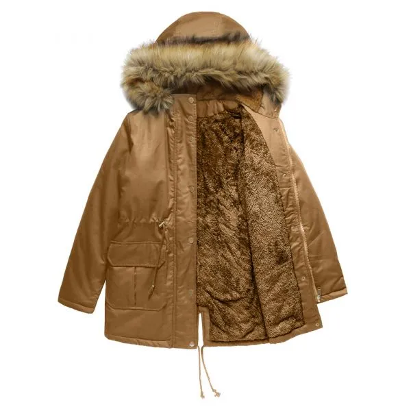 Parka coat with faux fur trim hood and inside lining for women