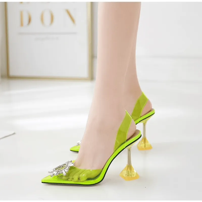 Pointed Toe Crystal Clear Heels in Neon Green