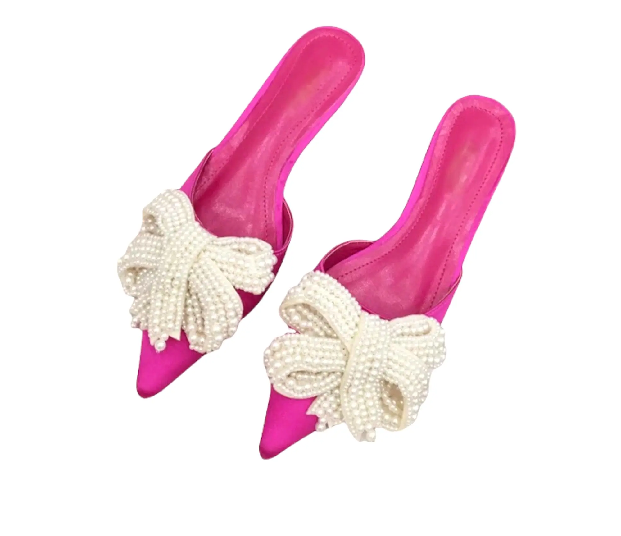 Pointed Toe Pearl Ribbon Silk Slides