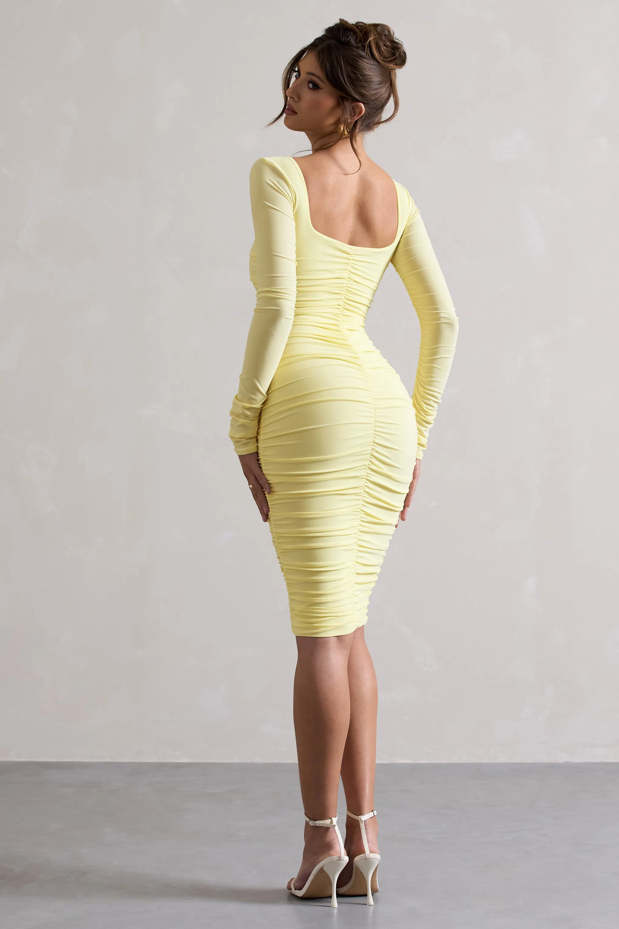 Seductress | Yellow Long Sleeve Square Neck Ruched Midi Dress