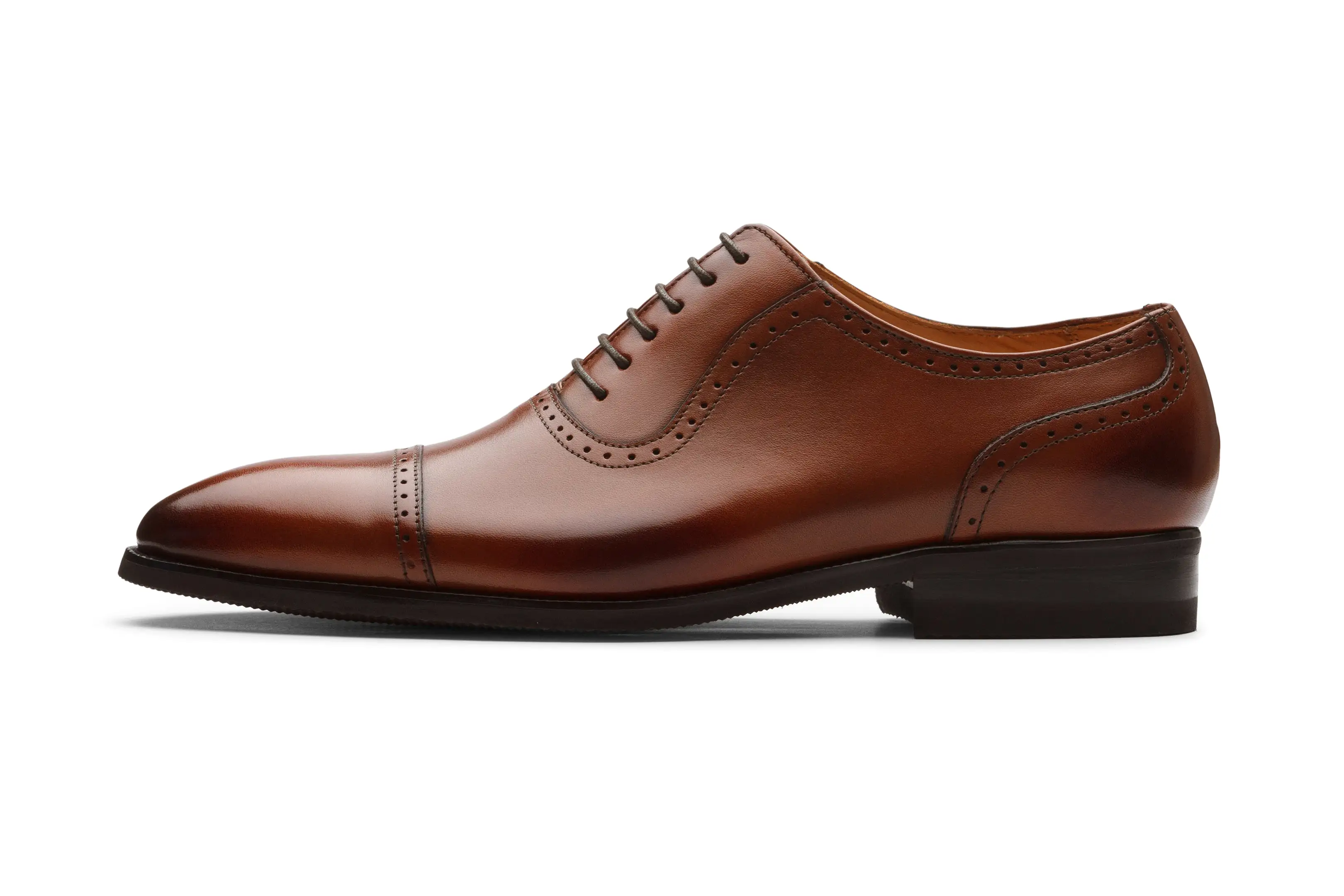 Semi Brogue Oxford Leather Shoes - Cognac