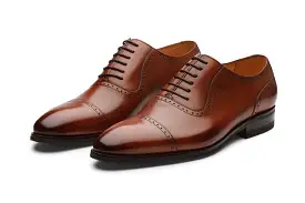 Semi Brogue Oxford Leather Shoes - Cognac