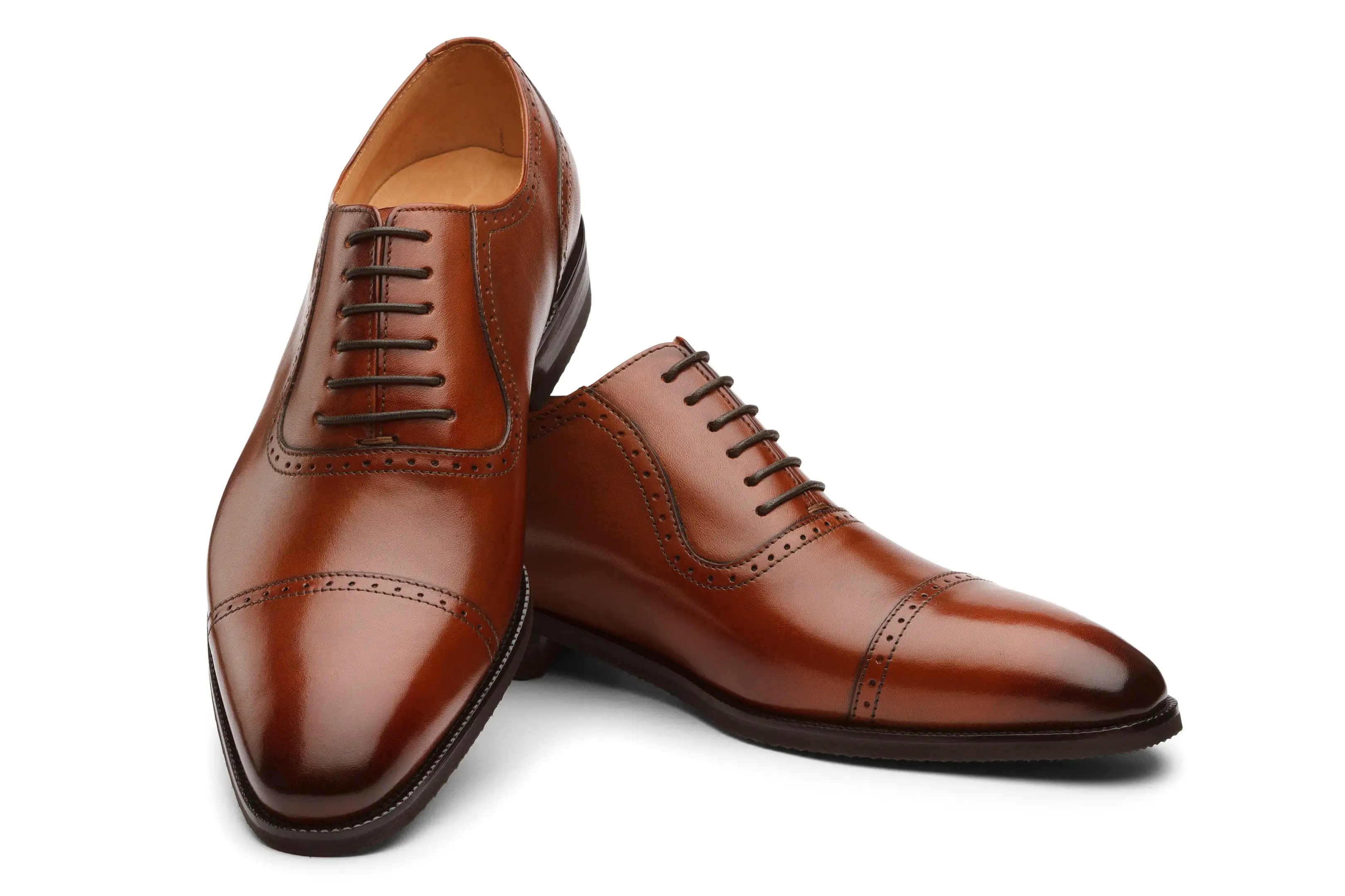 Semi Brogue Oxford Leather Shoes - Cognac