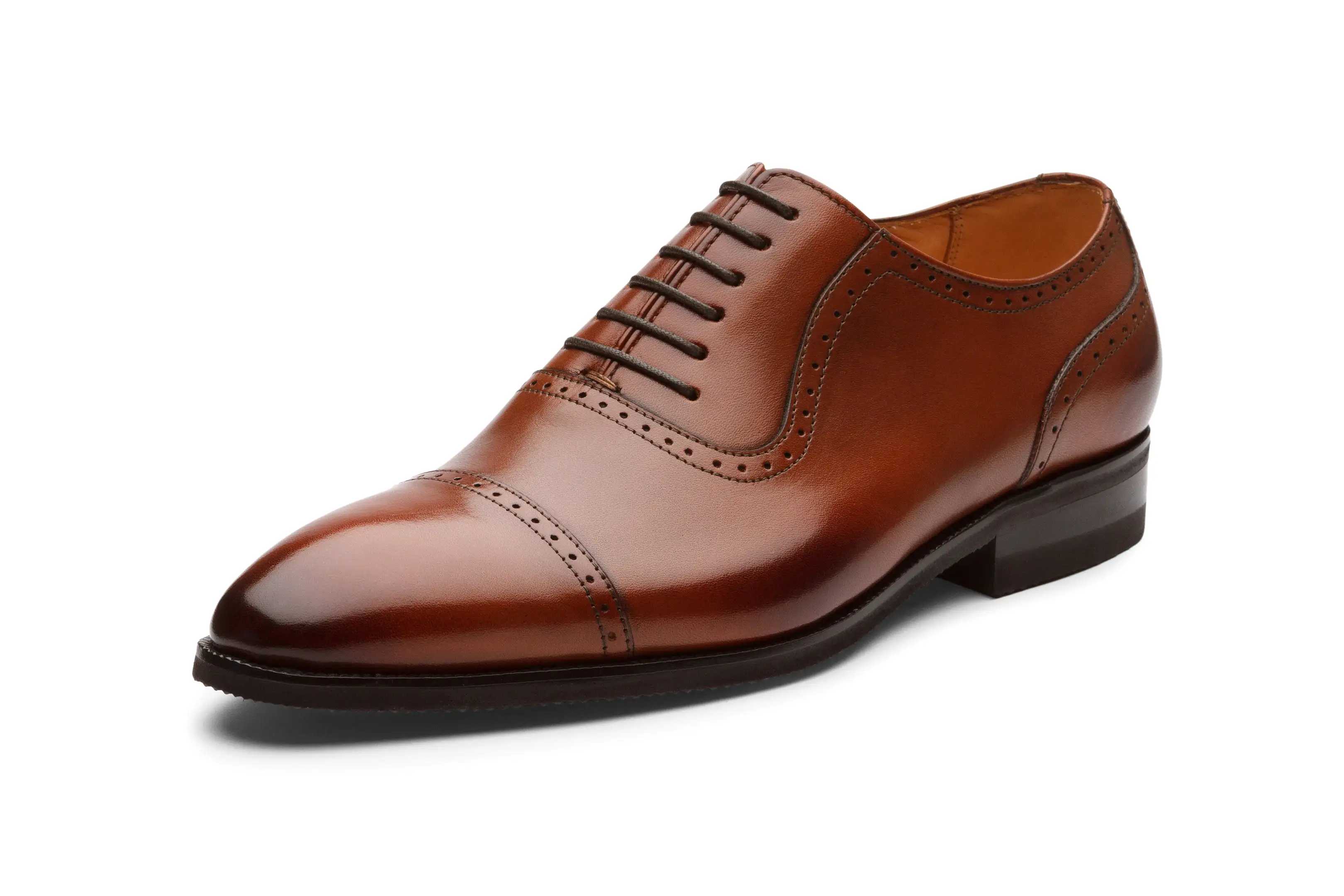 Semi Brogue Oxford Leather Shoes - Cognac