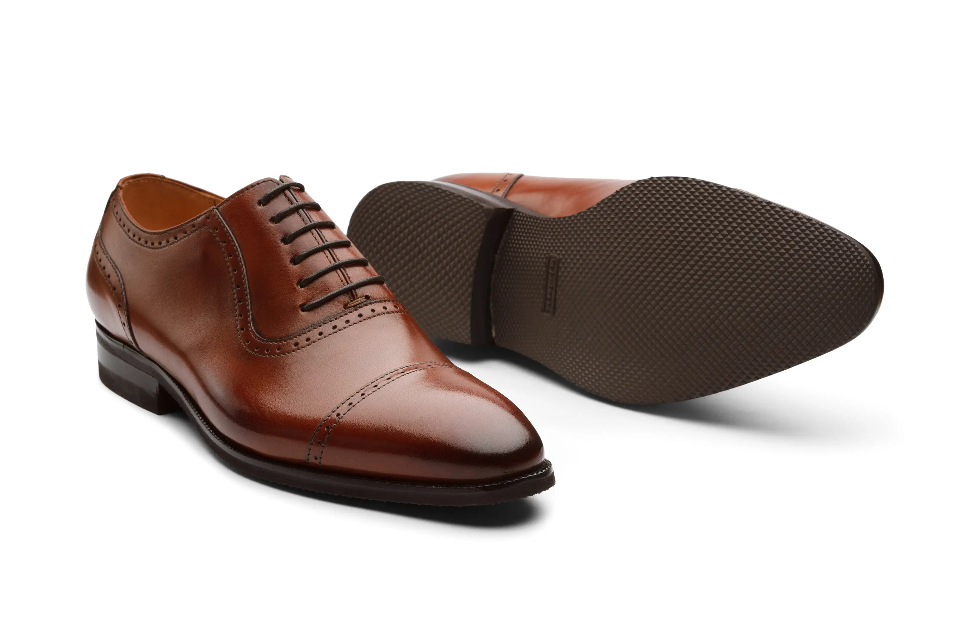 Semi Brogue Oxford Leather Shoes - Cognac