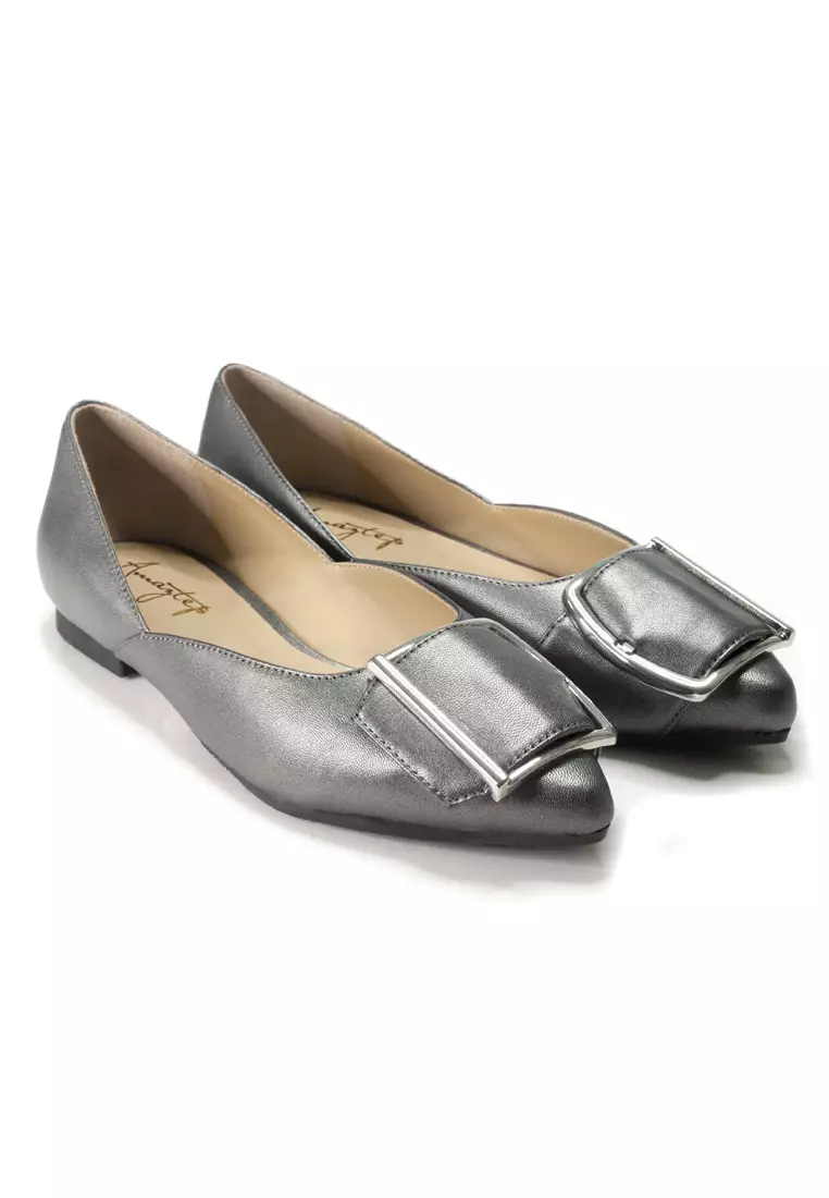 Shu Talk AMAZTEP  Pointed Toe Nappa Leather Upper With Ornament Low Heels