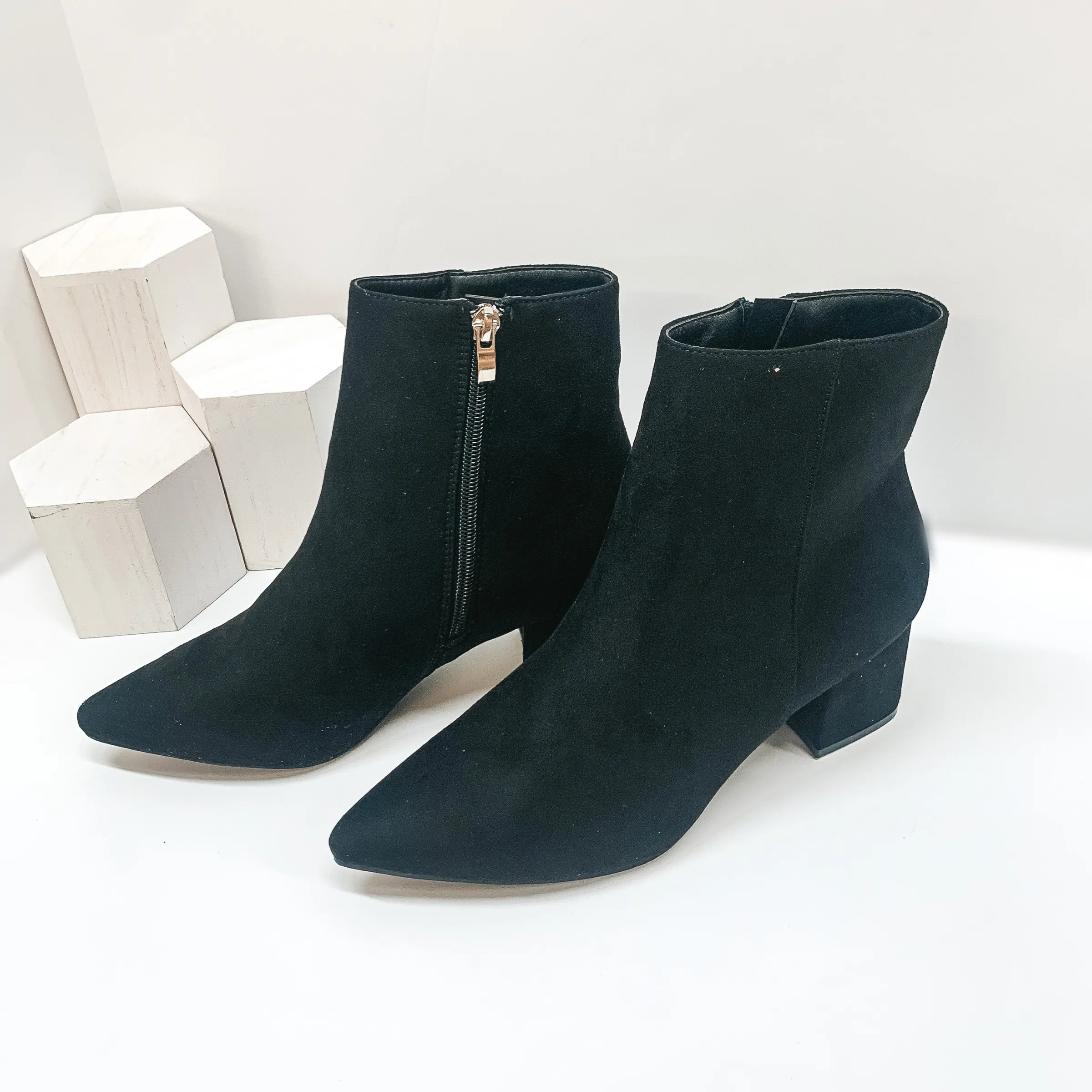 Step Into Style Pointed Toe Ankle Booties in Black Suede