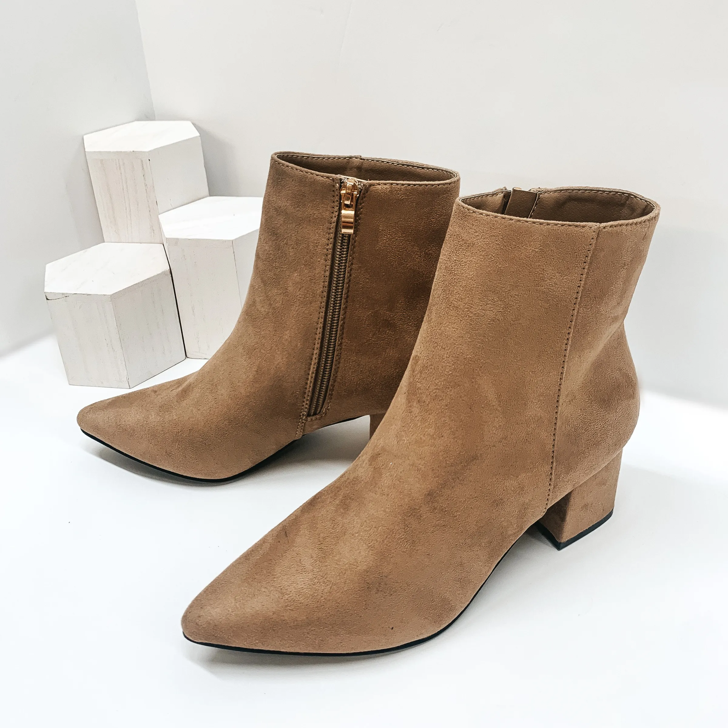 Step Into Style Pointed Toe Ankle Booties in Taupe Suede