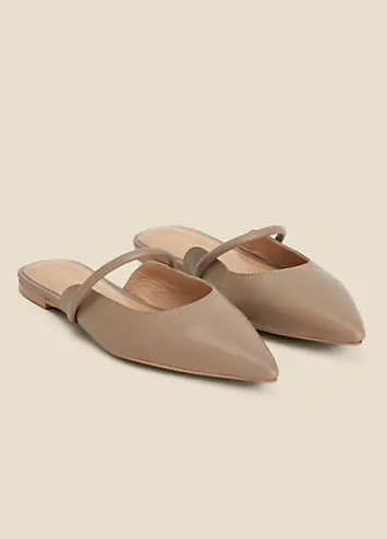 Taupe Leather Pointed Toe Strap Detail Flat Mules by Sosandar | Look Again