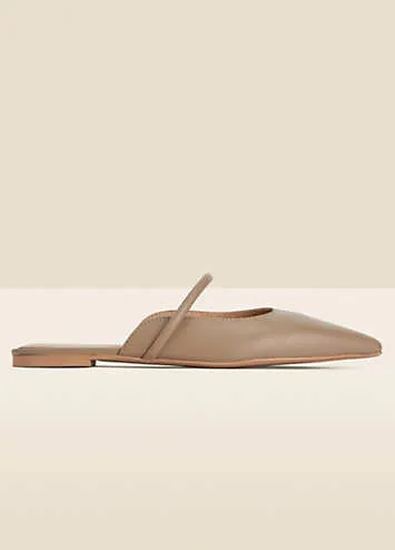 Taupe Leather Pointed Toe Strap Detail Flat Mules by Sosandar | Look Again