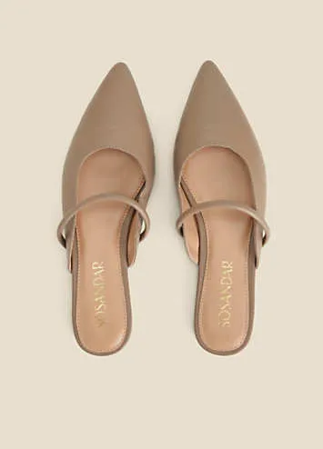 Taupe Leather Pointed Toe Strap Detail Flat Mules by Sosandar | Look Again