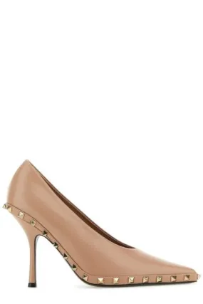 VALENTINO Feminine Luxe: Pointed Toe Pumps in Beige with Raffia and Pyramid Stud Accents